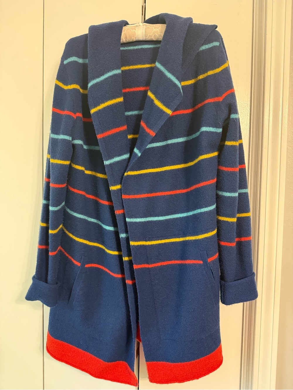 Toad&Co Navy Hooded Cardigan with Red, Yellow & Teal Stripes